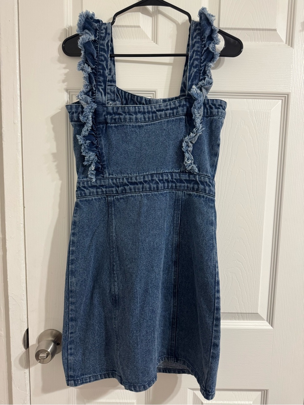 Denim Ruffle Strap Mini Dress in Blue - Picture 5 of 5
